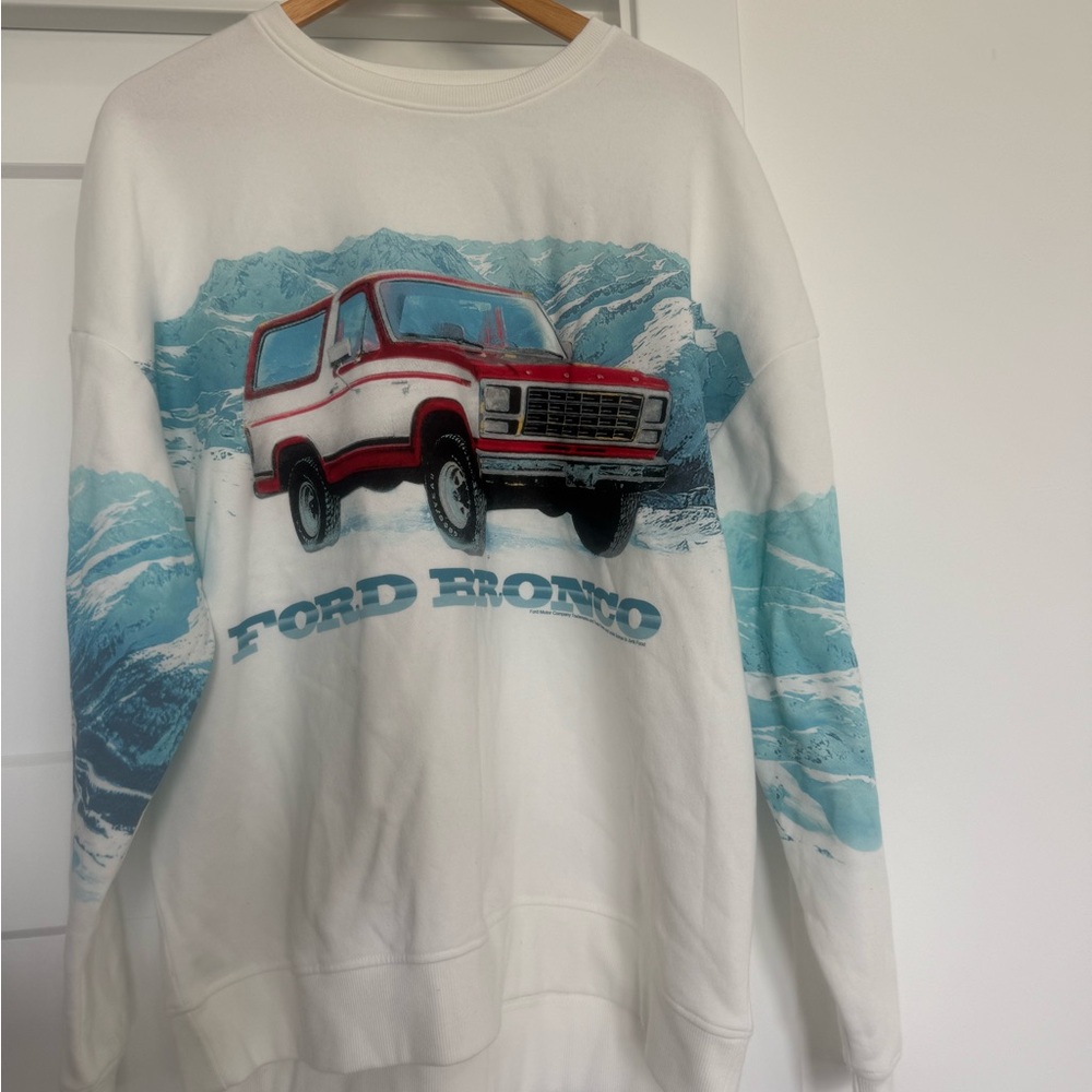 Altar'd State White Crewneck Sweatshirt with Red & Blue Ford Bronco Graphic